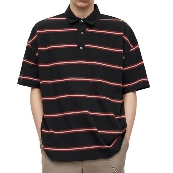 All Saints AllSaints Arden Black Striped Oversized Organic Polo Shirt L Grunge - Picture 1 of 8